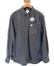 Carhartt Shirt LARGE Relaxed Fit Grey Button Up Long Sleeve Patch Embroidered