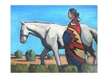 Original Painting Western Art Navajo Woman Horse Dixon Style Signed 16x20