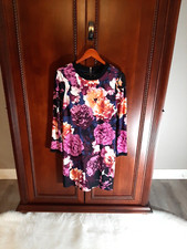 ELIZA J Women's Size 6 Large Floral Print Shift Dress Stretchy L-Sleeve Purple