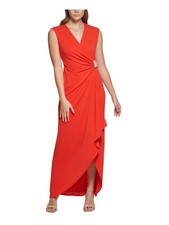 CALVIN KLEIN Womens Red Cascade Ruffle Lined Sleeveless Faux Wrap Dress 2