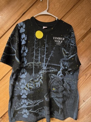 Vintage Northern Exposure 1993 Wolf All Over Print Men's XL Black 90s Shirt 