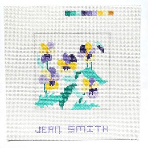 Jean Smith Hand Painted Needlepoint Canvas Pansy Flowers Floral Viola Coaster