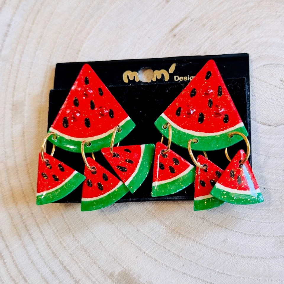 Винтажный MaM' арбуз ломтик фрукты подвеской серьги коренастый зажим дизайнер 80-х 2,5" - Изображение 3 из 4