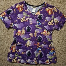 Disney Winnie the Pooh Happy Haunting HALLOWEEN Purple Scrub Top Nurse Medium