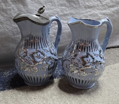 Antique Light Blue Pitchers Silver Overlay Grape Vine Pewter Lid Pair Lusterware