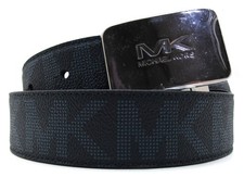 NEW MICHAEL KORS Mens 34mm Plaque Belt MK Logo Baltic Blue Reversible Cut to Fit