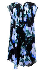 GNW Floral Chiffon A-Line Dress M Short Pleated Button Front Black Blue Lined