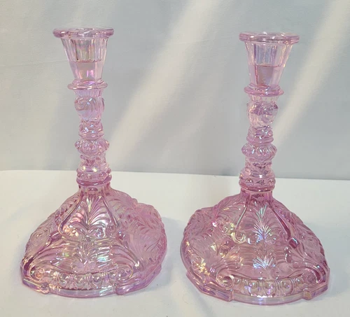 Pair of 2  Fenton Pink Iridescent Carnival Glass Candlesticks Candle Holders