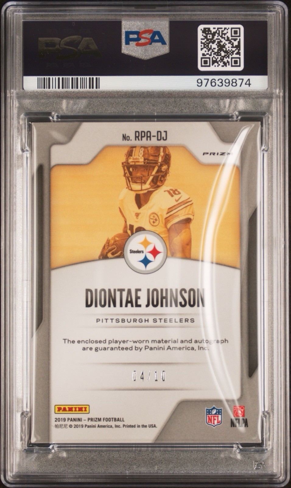 2019 Panini Prizm Rookie Patch Autographs Diontae Johnson Gold Prizm /10 PSA 10 view 2