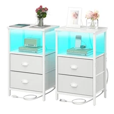 Nightstand with Charging Station, LED Night Stand Set 2, Bedside Table End Ta...