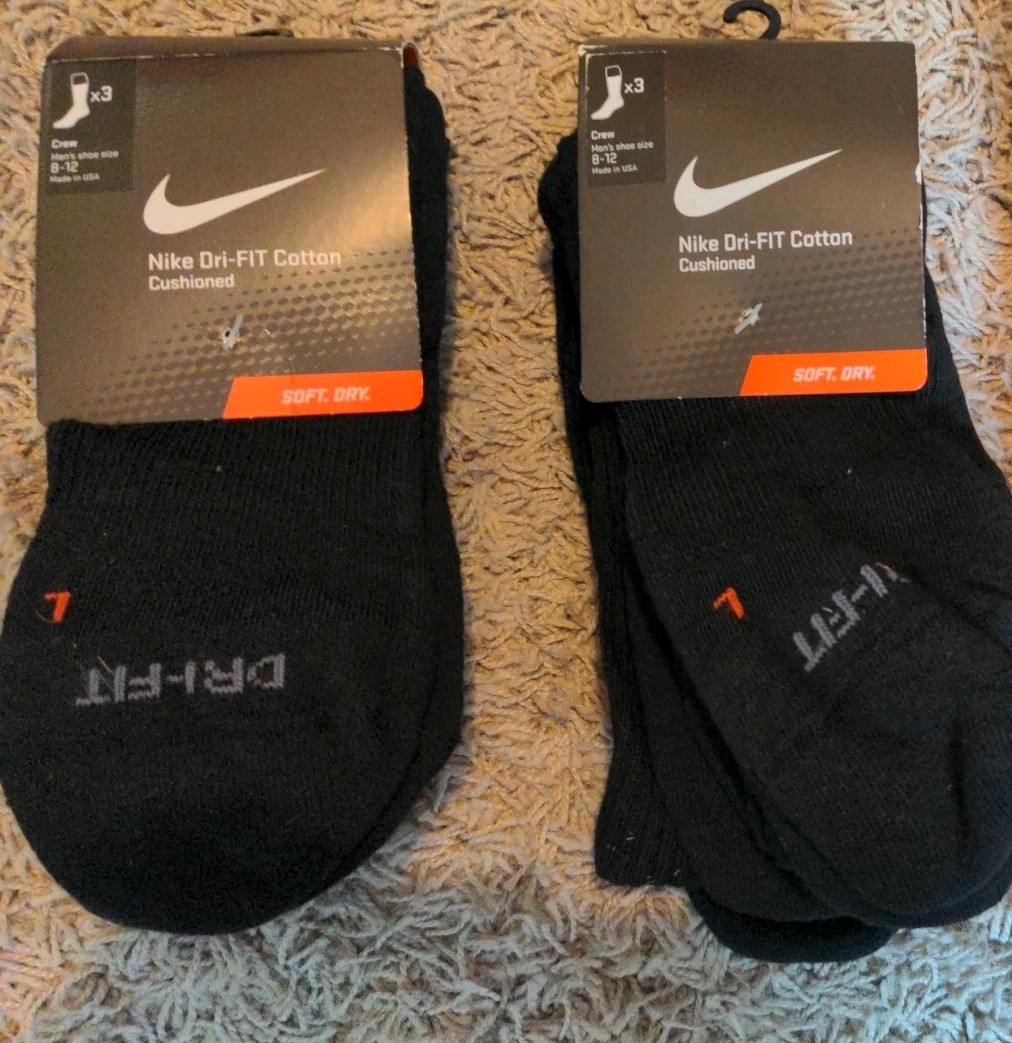 SAOLA DUE 3 confezioni Nuove calze nike dri fit taglia 8 12 uomo solo nere crew length