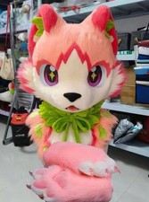 Fursuit Long haired Dog Fox Mascot Party Halloween Fur Cosplay head claws 
