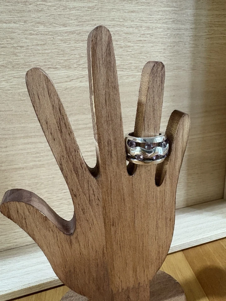 Anello Fascia Spessa Argento 925 E Brillanti Di Ametista Viola 14.5GR 17.4MM - Immagine 3 di 3