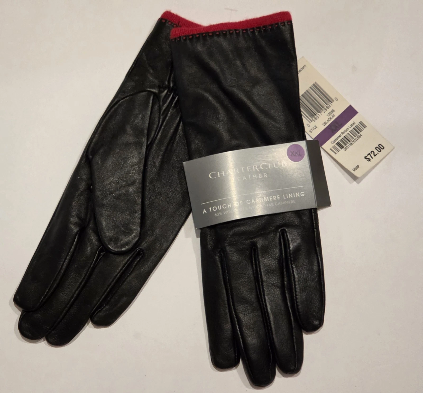 Ladies Charter Club Wool Cashmere Blend Lined Leather Gloves, Black, XXLarge