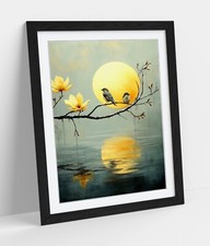 PRETTY BIRDS PERCHED ON A TREE OVER WATER FRAMED WALL ART POSTER PRINT 4 SIZES