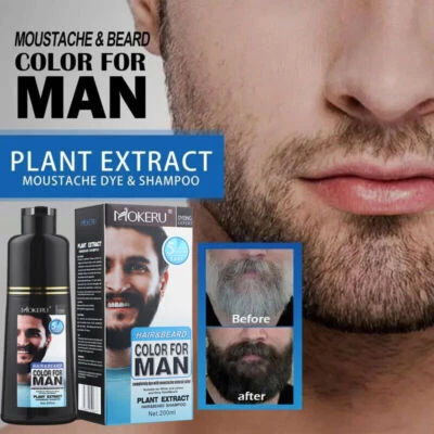 MOKERU 200ML Men 2 in 1 Beard Mustache Natural Hair Color Shampoo Permanent Black Dye