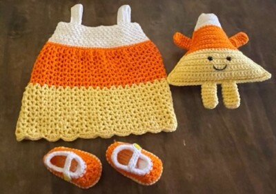 Handmade Crochet Baby Candy Corn Themed Dress, Booties, Pillow Plush - 3 - 6 MO