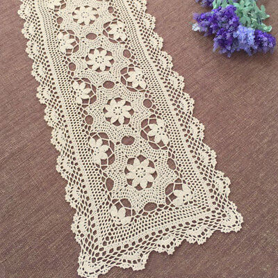 White Vintage Hand Crochet Table Runner Dresser Scarf Oval Lace Doily 12x47inch 
