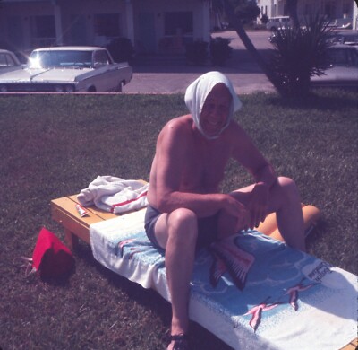 1969 Man Sunning Makeshift Head Scarf Myrtle Beach SC Vintage 126 Color Slide