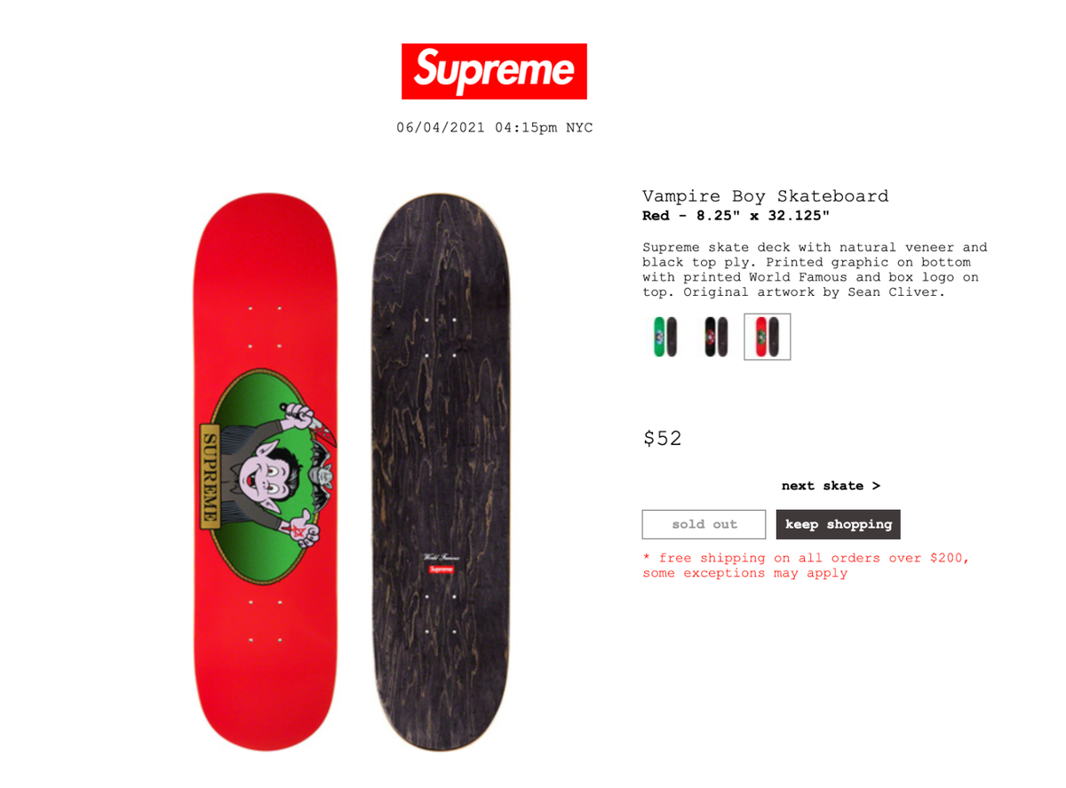 SUPREME VAMPIRE BOY SKATEBOARD (RED) SS21 KAWS CHALK LOGO SMURFS