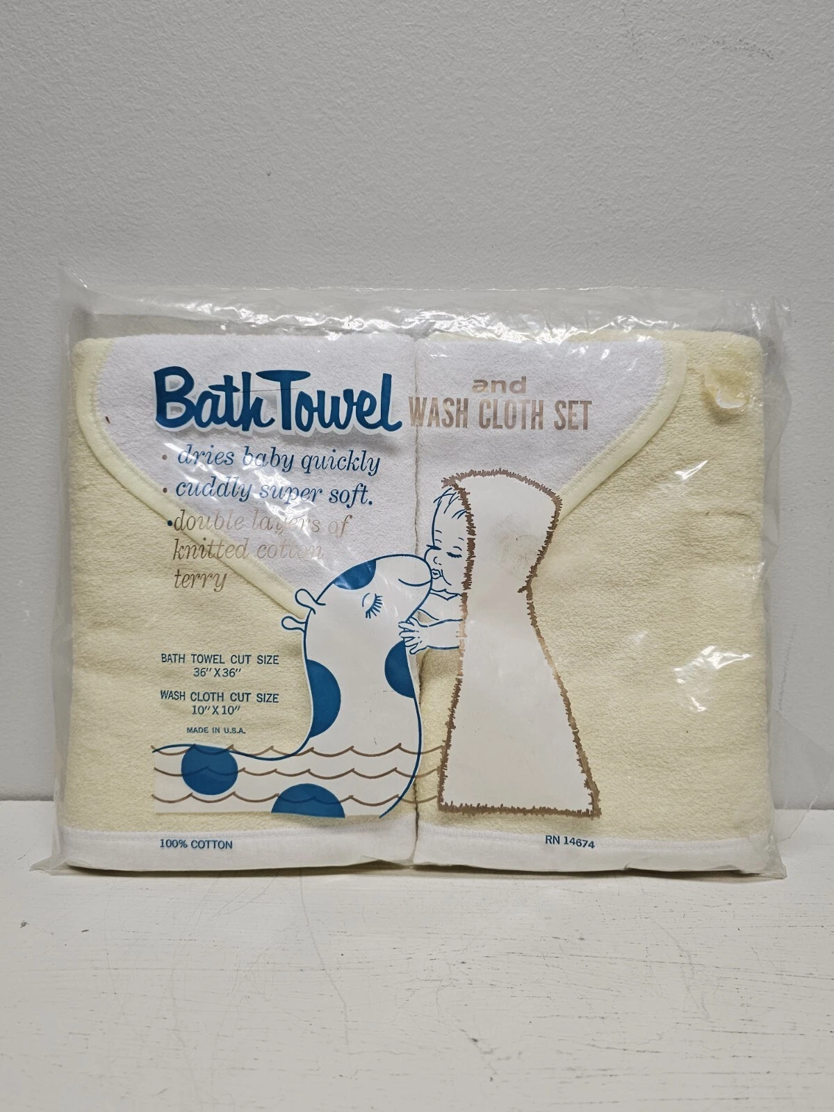 Vintage Infant Bath Towl And Wash Cloth Set Yellow New In Package Mid Century