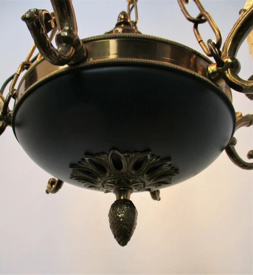 Hermosa araña Imperio Francés Tole verde latón 6 brazos Hollywood Regency  Foto 3 de 4