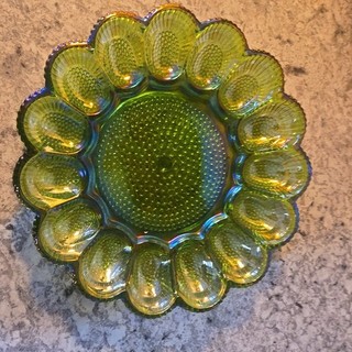 Vintage Indiana Glass Deviled Egg Plate Carnival Green Hobnail 12" 1960s MCM