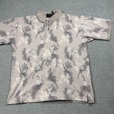 OP Ocean Pacific Polo Men L Grey Hibiscus Feather Floral Print Short Sleeve Golf
