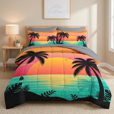 Comforter Set King Size, Beach Sunset Palm Tree 7 Pcs Bedding for and Adults,...