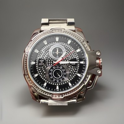RARE Aqua Master Men Stainless Steel Black Dial Chrono Diamond 50mm Watch W#352