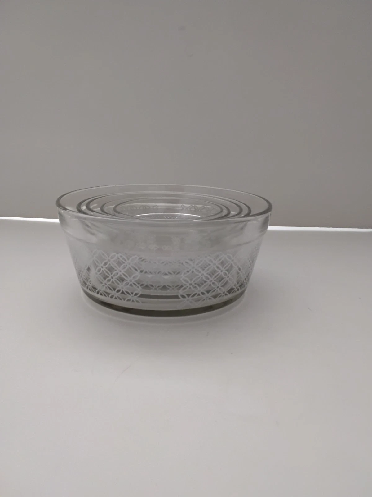 Nesting Kitchen Mixing Bowls Clear Glass White Lattice Pattern 5 Pc Set Vintage