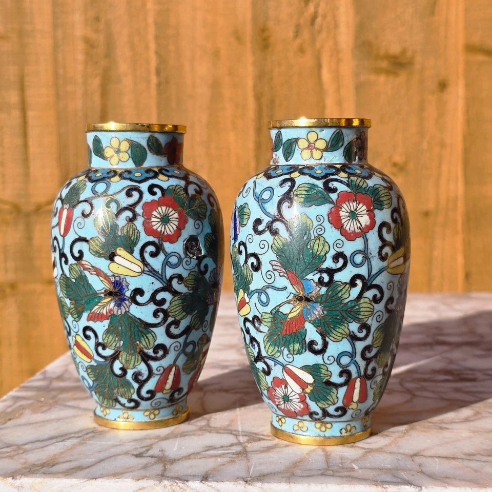 Chinese Antique Cloisonne vases Pair Butterflies gilt mounts c19th century Qing - Image 2 of 4