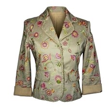 Silk Land Embroidered Blazer Womens 6 Tan Floral Lace Trim 3/4 Sleeve Jacket