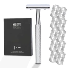 Double Edge Safety Razor with 10 Stainless Steel Blades for Smooth Shave