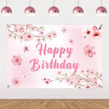 5x3ft Cherry Blossom Birthday Party Backdrop Pink White Sakura Theme Happy Bi...