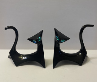 Pair of Atomic Cubist MCM Black Cat Pair Ceramic Figurines Blue/Green Eyes