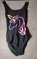 Unicorn Swimsuit Girls Large 10-12 FabKids 1 Piece Black Bright Neon Graphic New