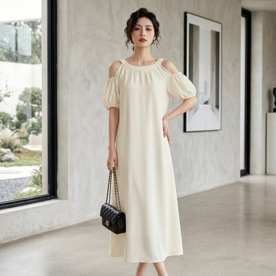 Cold Shoulder Midi Dress Elegant Cottagecore Gown Puff Sleeve Vacation Beachwear