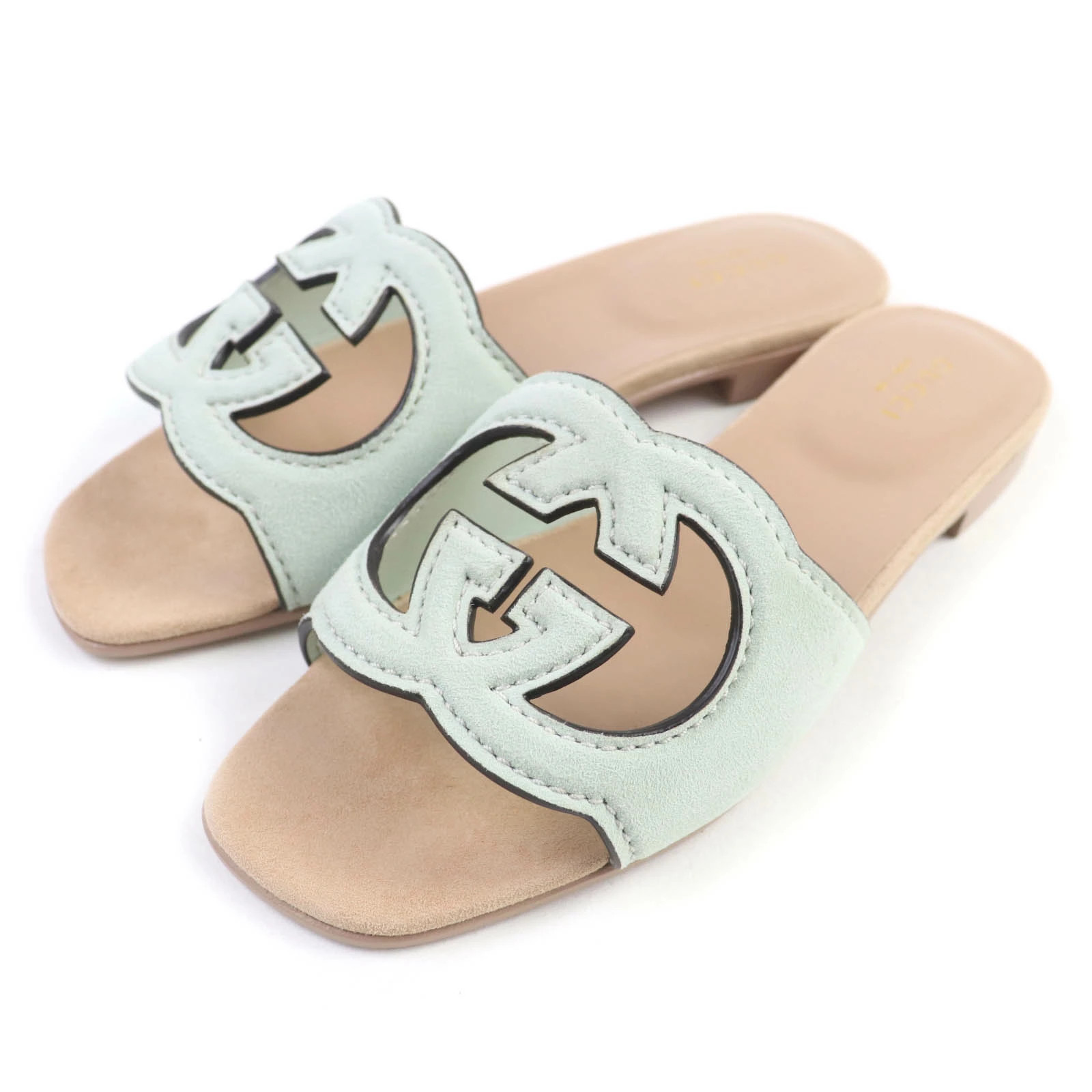 GUCCI Interlocking G suede leather slide sandals mule mint green 36 storage bag