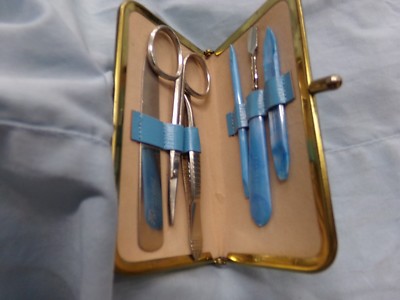 Vtg Manicure Set Made In Germany Special Triple Cut - Blue Leather Case Austria