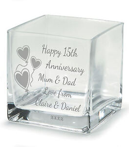 Engraved 15th  Crystal Wedding  Anniversary  Square Flower 