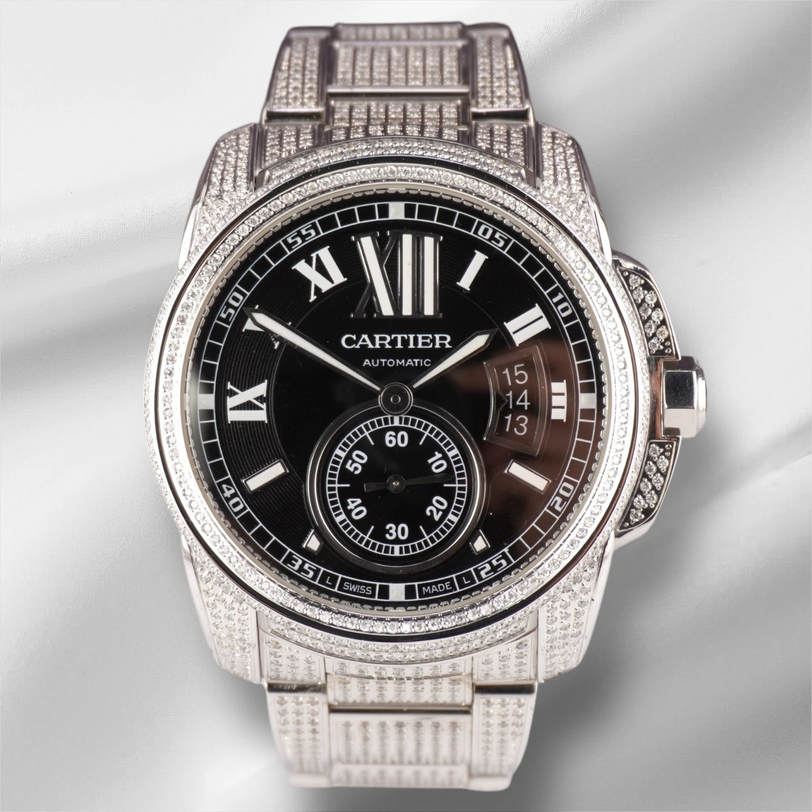 Rolex — Cartier Calibre 42mm Men's Steel Watch Black Dial Iced 6ct Diamonds Ref 3389