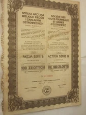 41386 Stock Societe de Hauts Fourneaux et Usines Ostrowiec 100 Zlotys 1918 Coupo