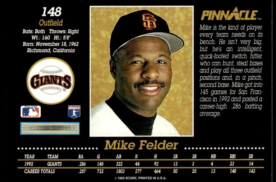 1993 Pinnacle Mike Felder San Francisco Giants #148 - Image 2 of 2