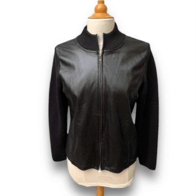 Vintage Pendleton Zip Up Black Genuine Leather Ribbed Merino Wool Knit Jacket M