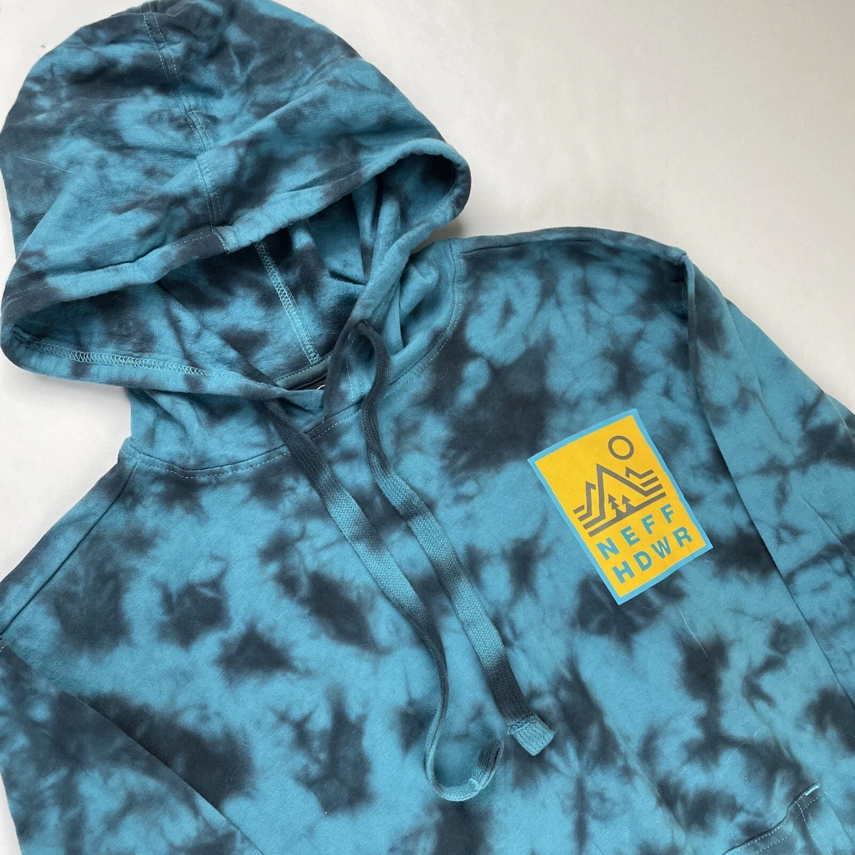 Neff HDWR Hoodie Sweatshirt Men s XS Blue Black Tie Dye Pullover Logo Front Back