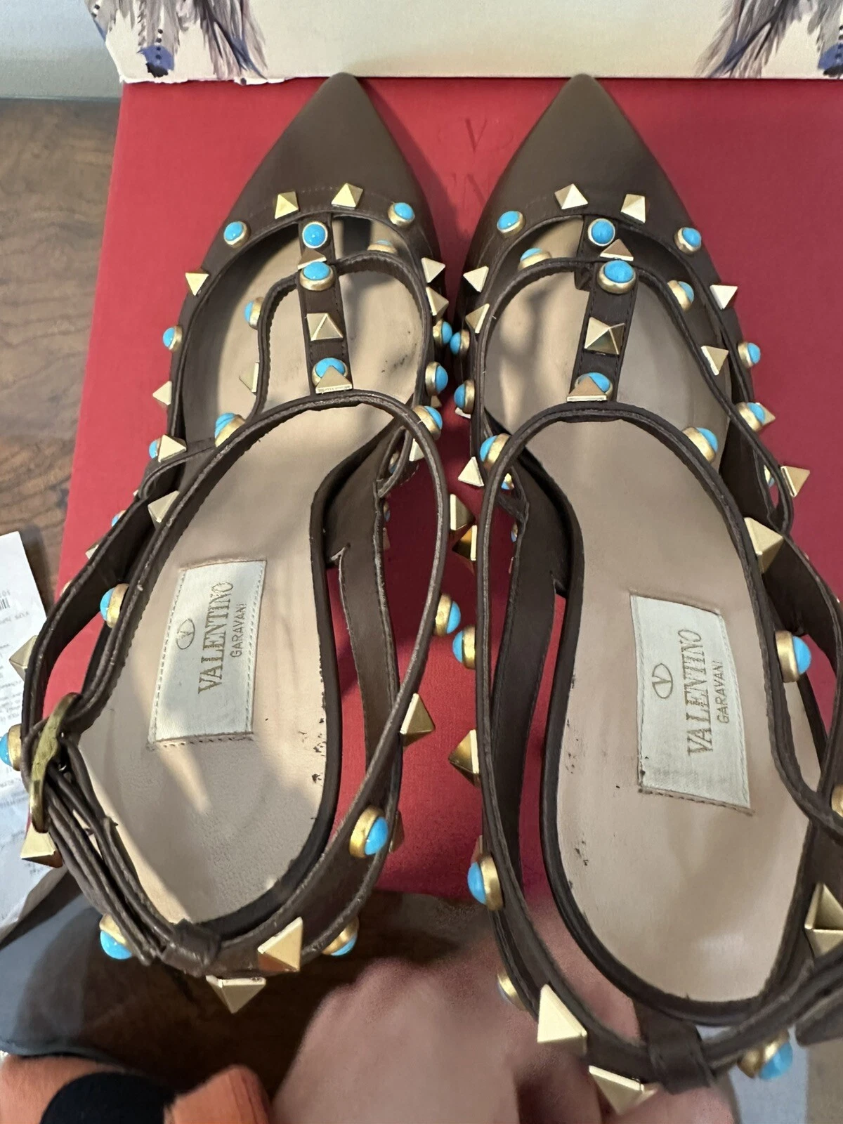 VALENTINO GARAVANI ROCKSTUD CINTURINO ALLA CAVIGLIA DÉCOLLETÉ MARRONI CIOTTOLI 40 10