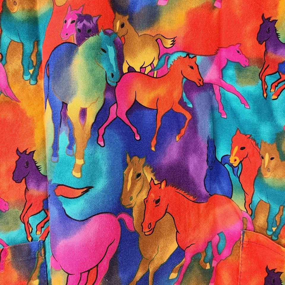VTG Unisex Scrub Top Colorful Wild Horses Print Size S Cotton Vibrant Medical - Image 3 of 4