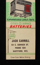 1950s Gas Jack Carroll Cities Service Batteries Phone 504 Sumner St. Hartford WI