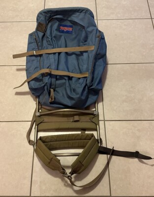 Vintage Jansport Metal Frame Backpack Hip Wings Hiking Camping Blue Tan